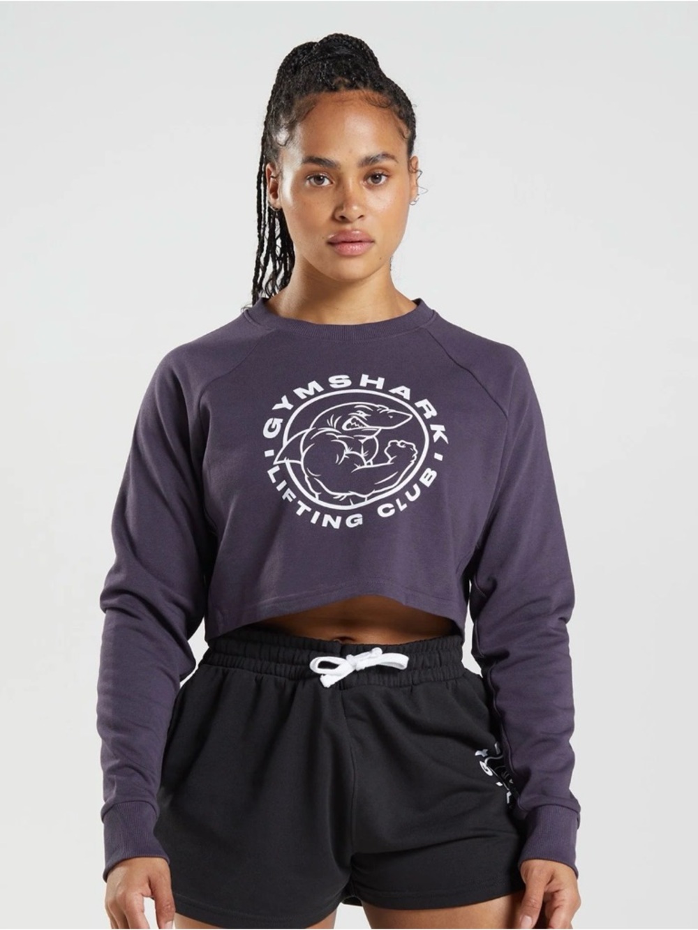 Gymshark Legacy Cropped Sweatshirt Size Small Purple Shark Graphic